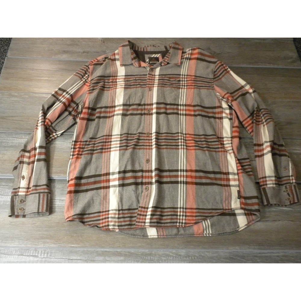 Prana Delaney Flannel Shirt Mens XXL Brown Plaid Organic Cotton Earthcore Cabin